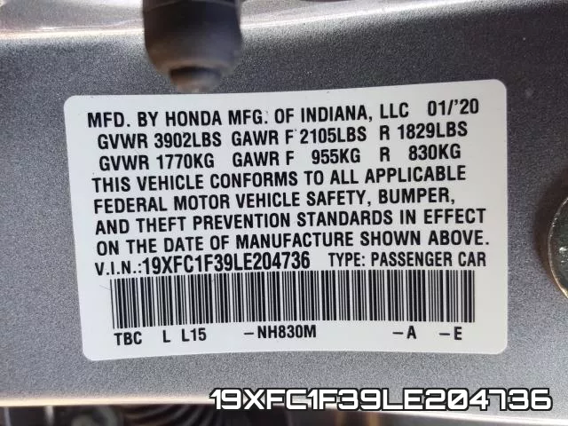 19XFC1F39LE204736 фото 2