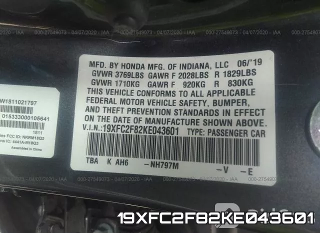 19XFC2F82KE043601 фото 10