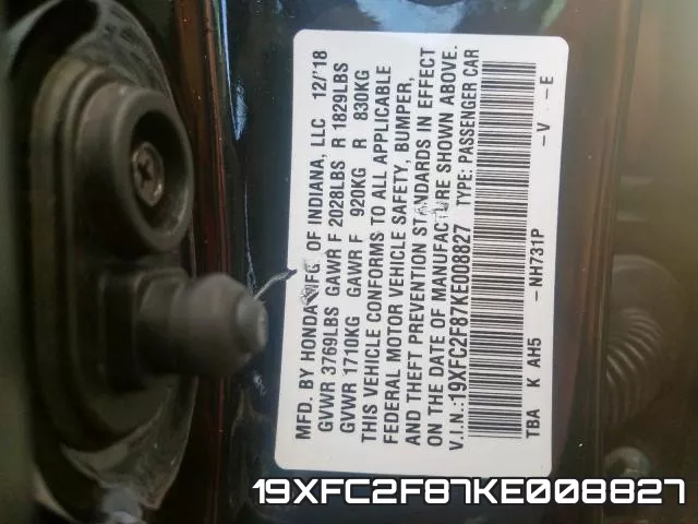 19XFC2F87KE008827 фото 2
