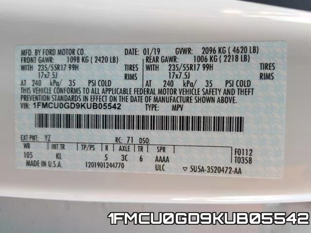 1FMCU0GD9KUB05542 фото 2