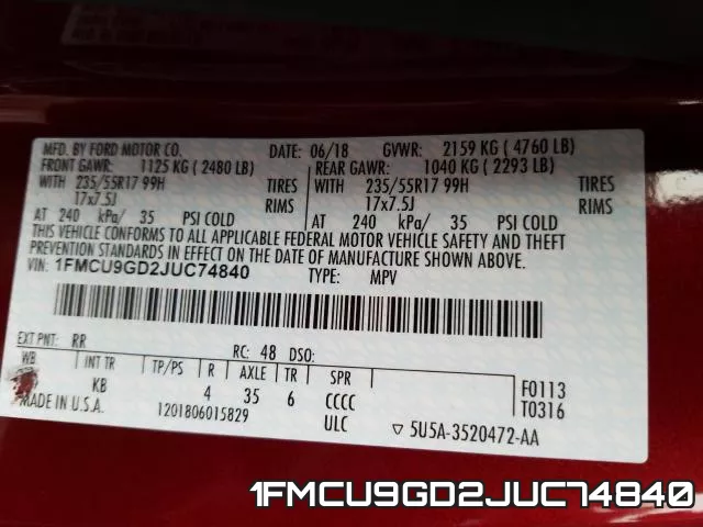 1FMCU9GD2JUC74840 фото 2