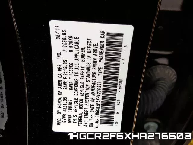 1HGCR2F5XHA276503 фото 2