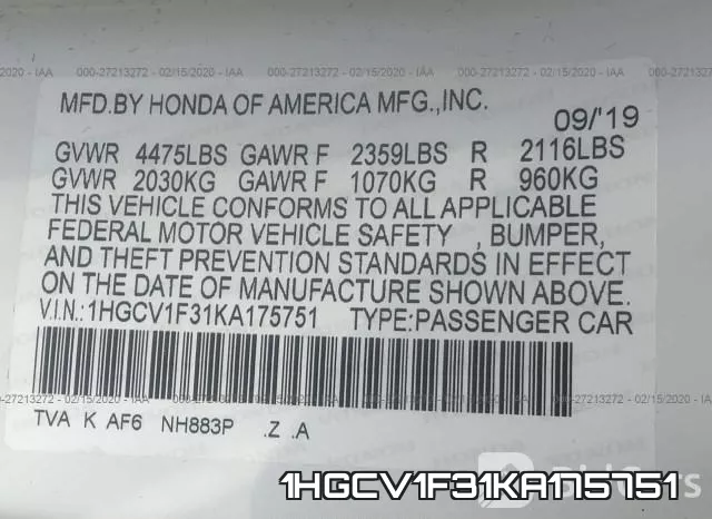 1HGCV1F31KA175751 фото 10