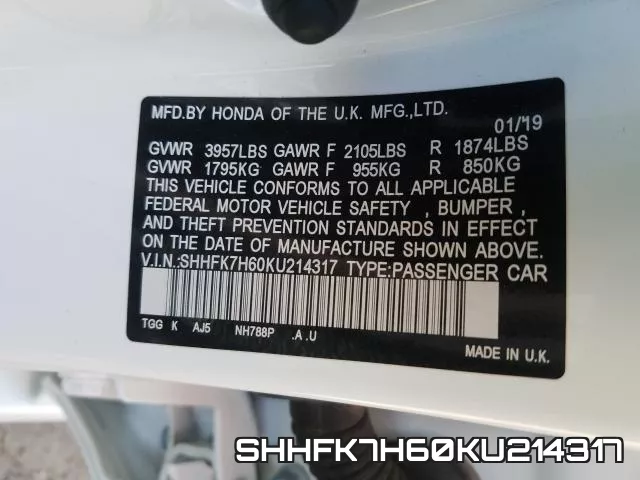 SHHFK7H60KU214317 фото 2