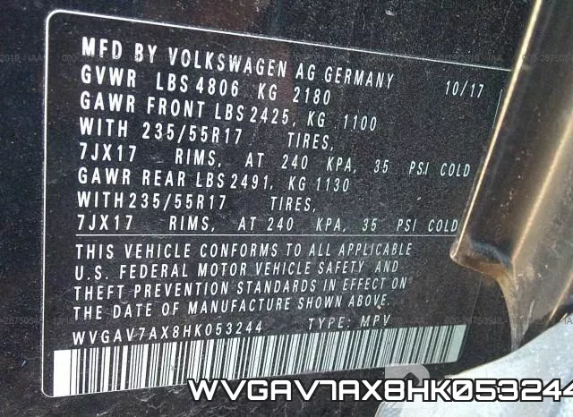 WVGAV7AX8HK053244 фото 9