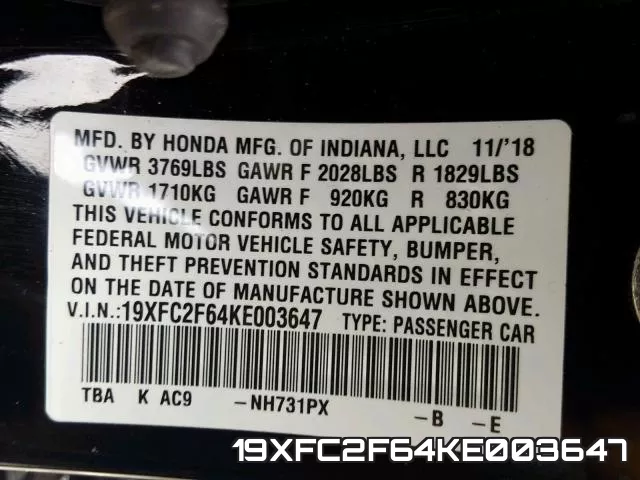 19XFC2F64KE003647 фото 2