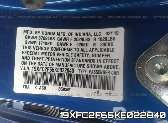 19XFC2F65KE022840 фото 10