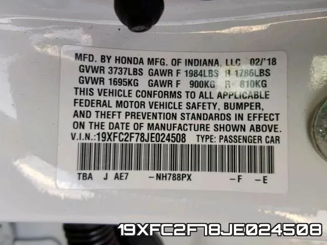 19XFC2F78JE024508 фото 2