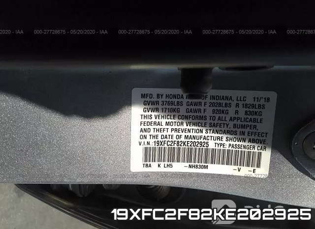 19XFC2F82KE202925 фото 10