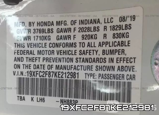 19XFC2F87KE212981 фото 10