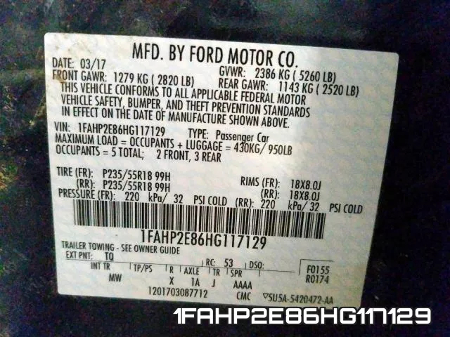 1FAHP2E86HG117129 фото 2