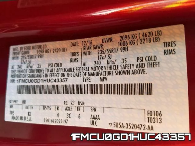 1FMCU0GD1HUC43357 фото 2