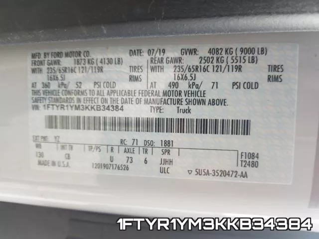 1FTYR1YM3KKB34384 фото 2
