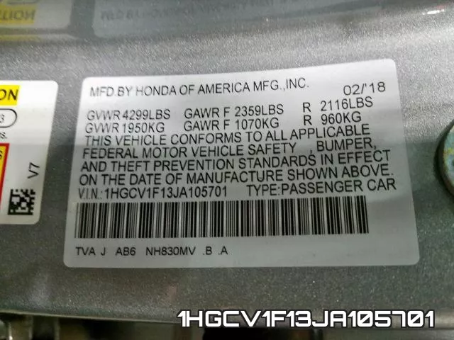 1HGCV1F13JA105701 фото 2