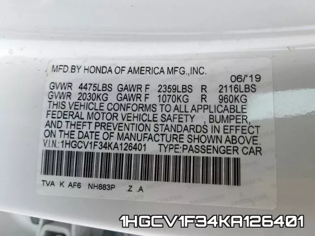 1HGCV1F34KA126401 фото 2
