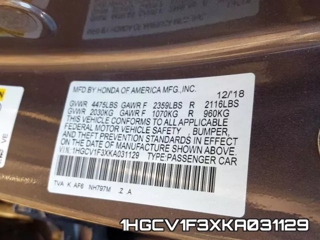 1HGCV1F3XKA031129 фото 2