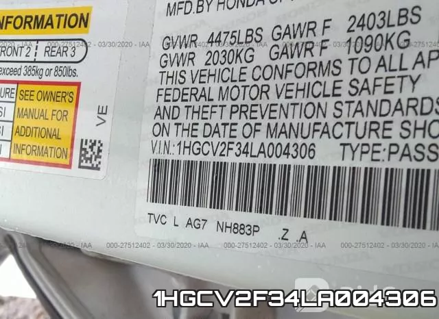 1HGCV2F34LA004306 фото 10