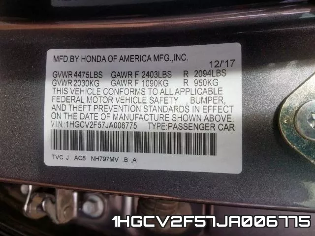 1HGCV2F57JA006775 фото 2