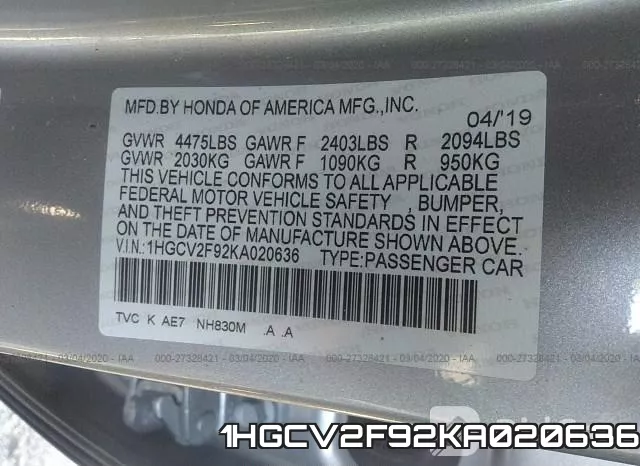 1HGCV2F92KA020636 фото 10