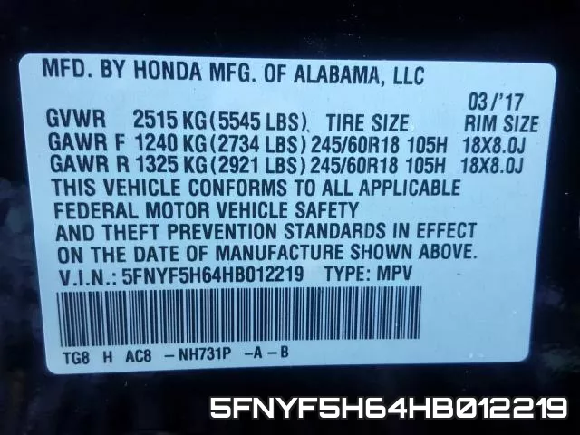 5FNYF5H64HB012219 фото 2