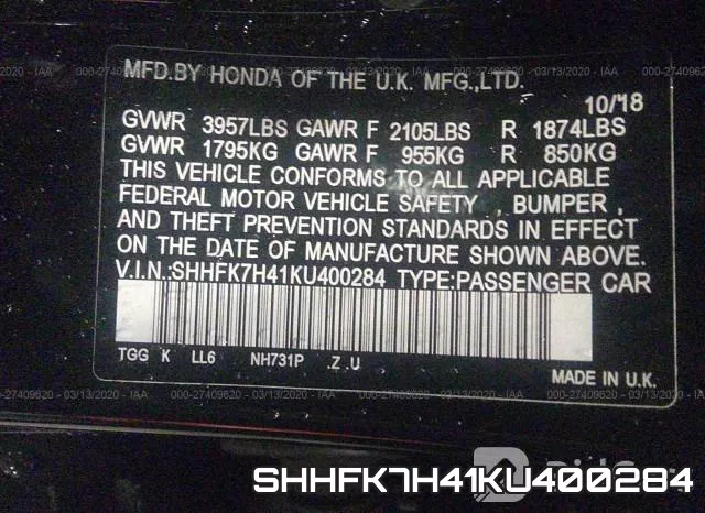 SHHFK7H41KU400284 фото 10