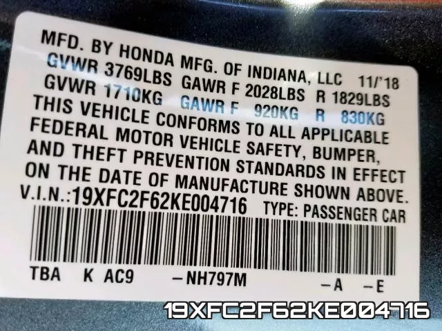 19XFC2F62KE004716 фото 2