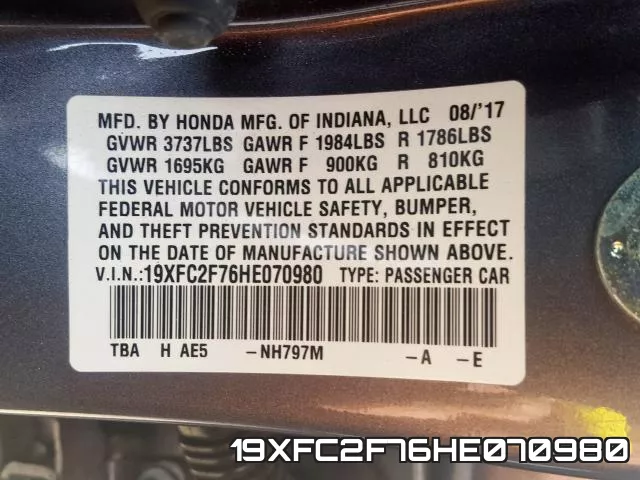 19XFC2F76HE070980 фото 2