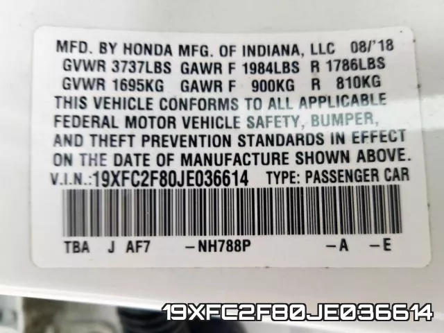 19XFC2F80JE036614 фото 2