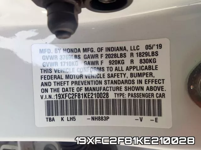 19XFC2F81KE210028 фото 2