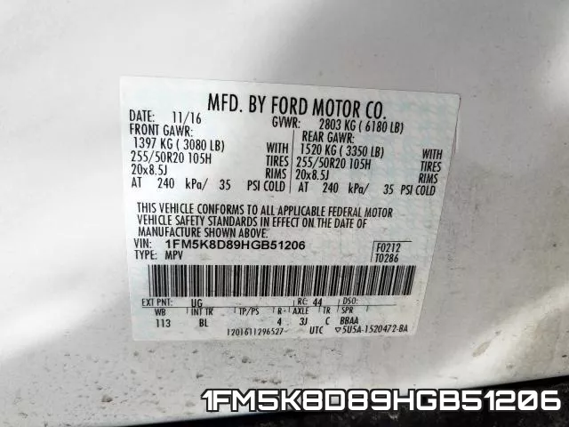 1FM5K8D89HGB51206 фото 2