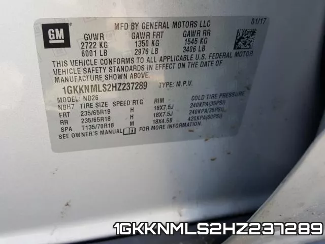 1GKKNMLS2HZ237289 фото 2