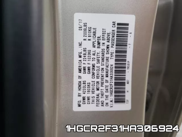 1HGCR2F31HA306924 фото 2