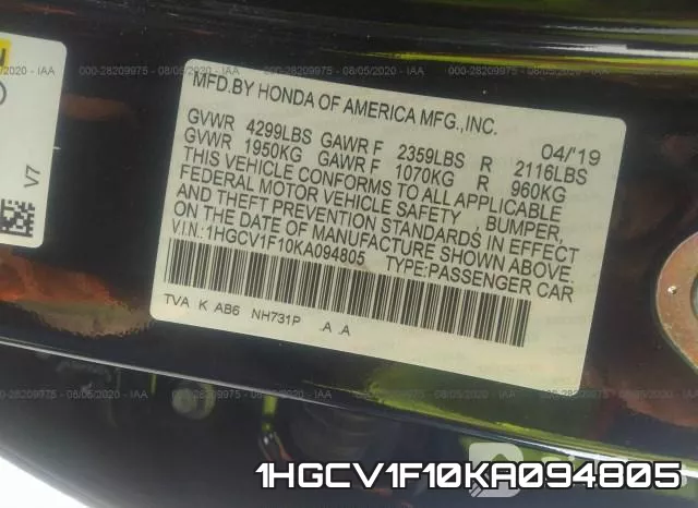 1HGCV1F10KA094805 фото 10