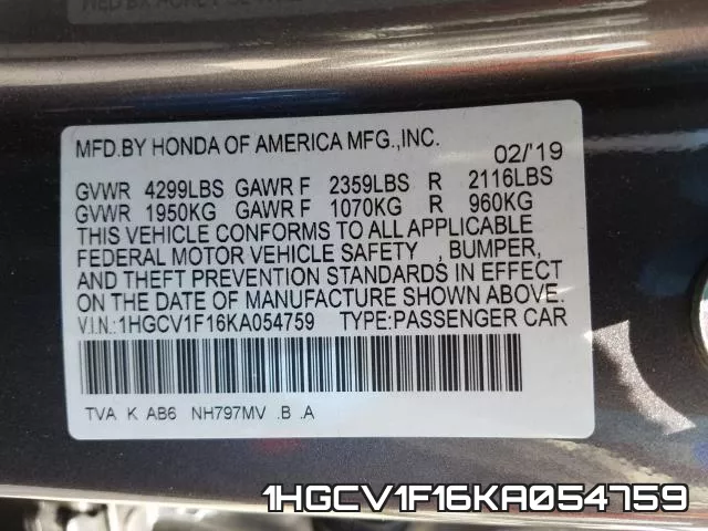 1HGCV1F16KA054759 фото 2