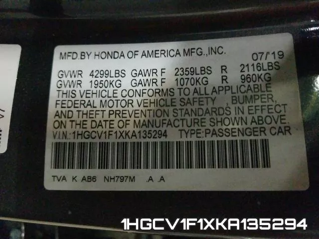 1HGCV1F1XKA135294 фото 2