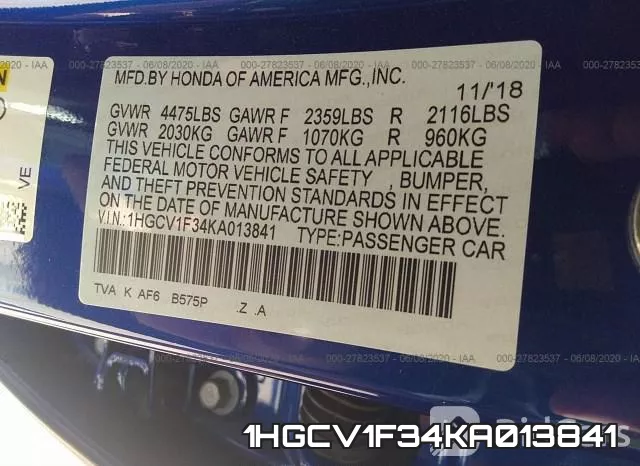 1HGCV1F34KA013841 фото 10