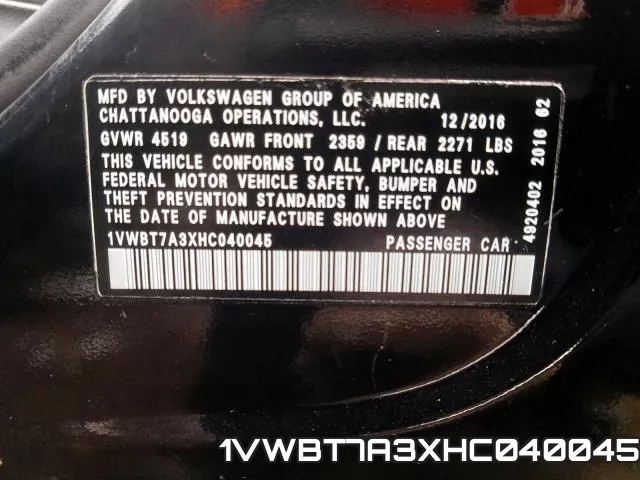 1VWBT7A3XHC040045 фото 2
