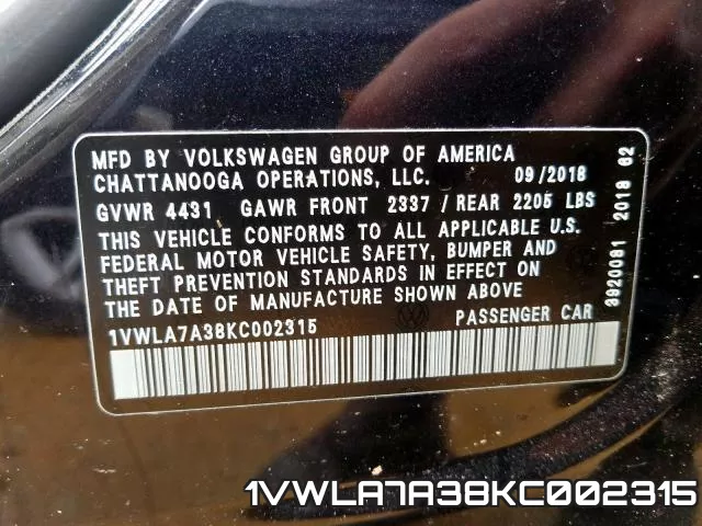 1VWLA7A38KC002315 фото 2