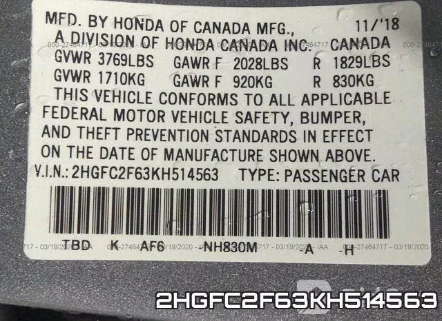 2HGFC2F63KH514563 фото 10