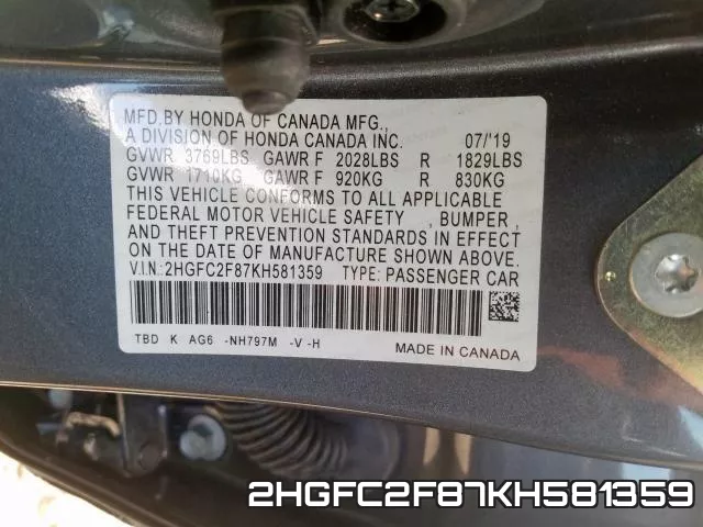 2HGFC2F87KH581359 фото 2