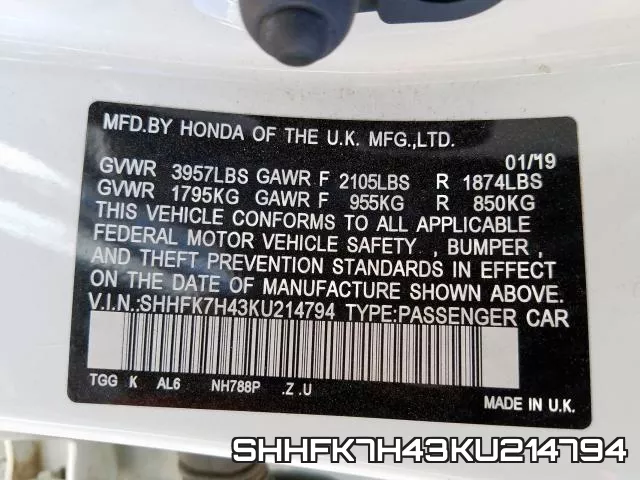 SHHFK7H43KU214794 фото 2