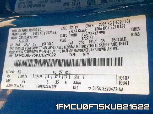 1FMCU0F75KUB21622 фото 2