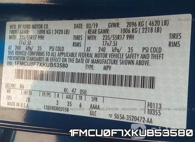 1FMCU0F7XKUB53580 фото 10