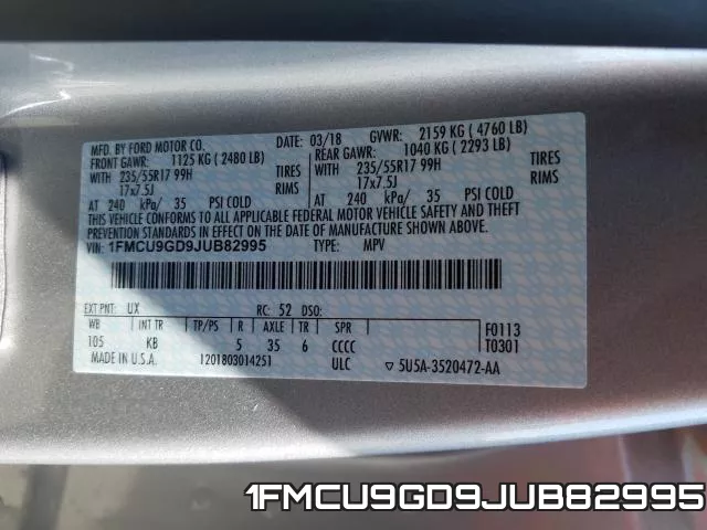 1FMCU9GD9JUB82995 фото 2