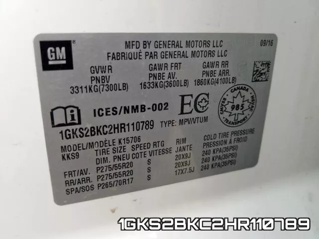 1GKS2BKC2HR110789 фото 2