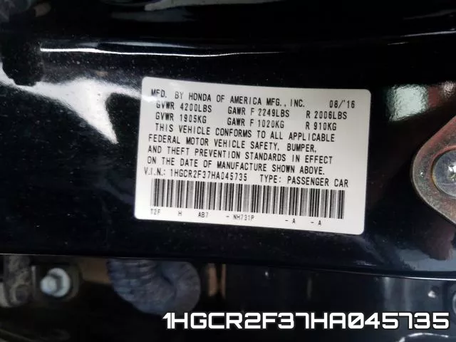 1HGCR2F37HA045735 фото 2