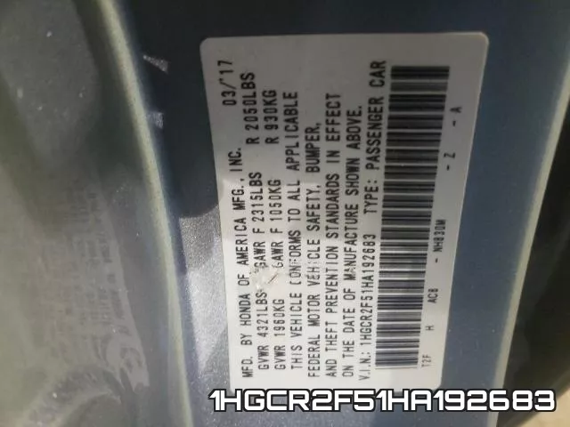 1HGCR2F51HA192683 фото 2