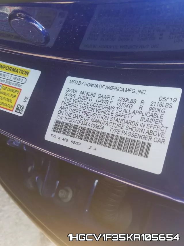 1HGCV1F35KA105654 фото 2
