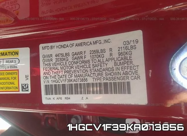 1HGCV1F39KA073856 фото 10