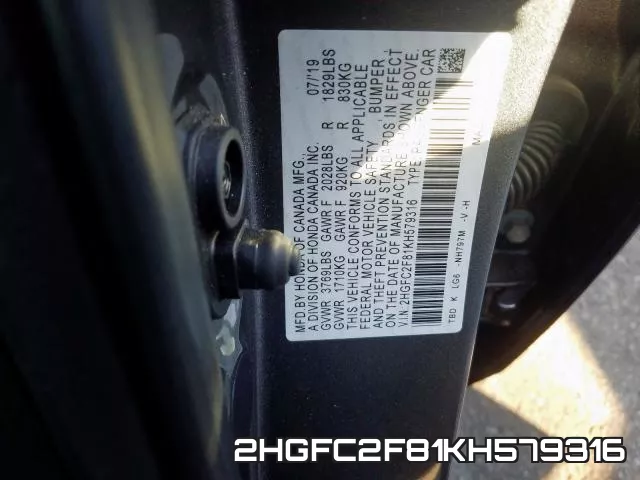 2HGFC2F81KH579316 фото 2